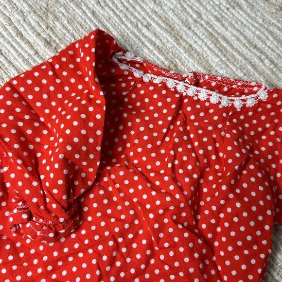 0-3m Vintage baby girl polka dot white&red long sleeve dress with lace trim - Picture 3 of 8